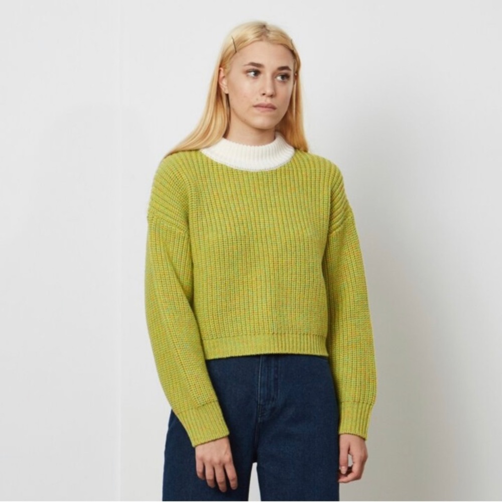 TIBI Cropped Crewneck Wool Tweedy Sweater